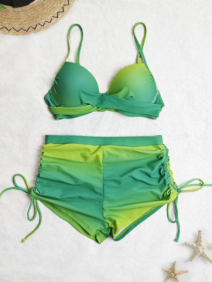 Vintage Yellow Gradient Bikini Set Swimwear Women Halter Cross Push Up Padded Bra High Waist Drawstring Side Pants Swimsuit