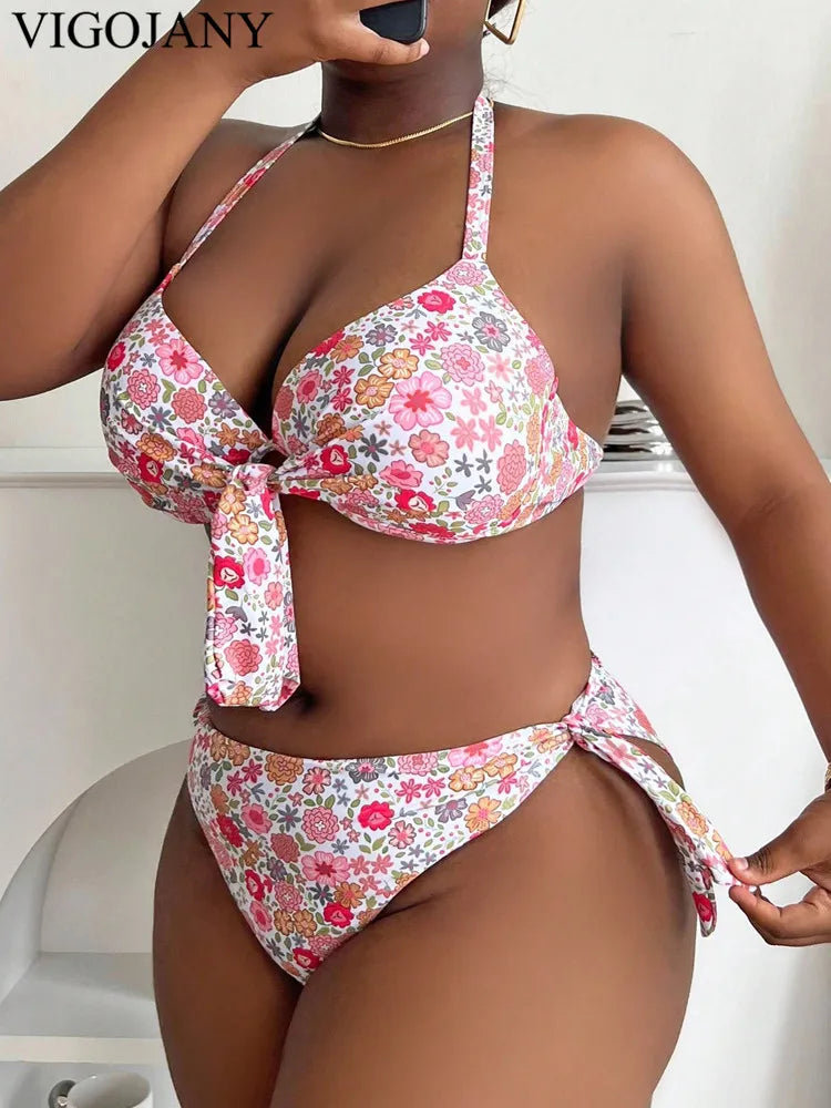Halter Plus Size Bikini Set Women Push Up Hollow Swimsuit High Waist Backless Bathing Suit Summer Beachwear