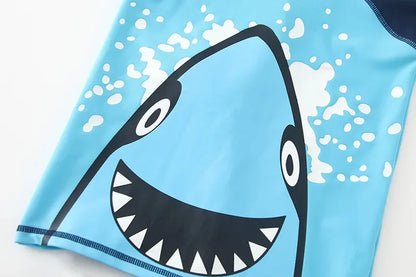 Children's Cartoon Shark Short Sleeve Split Swimwear with Swim Cap, Sun Protection Beach Wear, Baby Boys Swimsuit