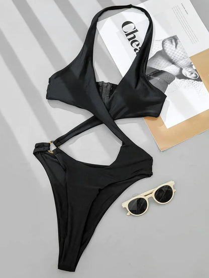 High Cut Out Halter Female Swimwear One Piece Swimsuit Women Cross Bandage Monokini Bather Bathing Suit Swim Bodysuit