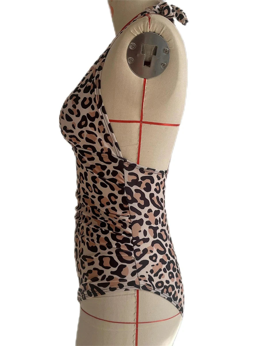 Leopard Swimsuit Women One Piece Halter Swimwear Female Solid Backless Bathers Bathing Swimming Swim Suit Beachwear