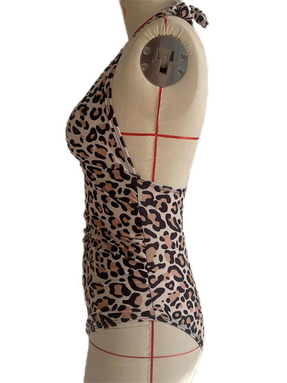 Leopard Swimsuit Women One Piece Halter Swimwear Female Solid Backless Bathers Bathing Swimming Swim Suit Beachwear