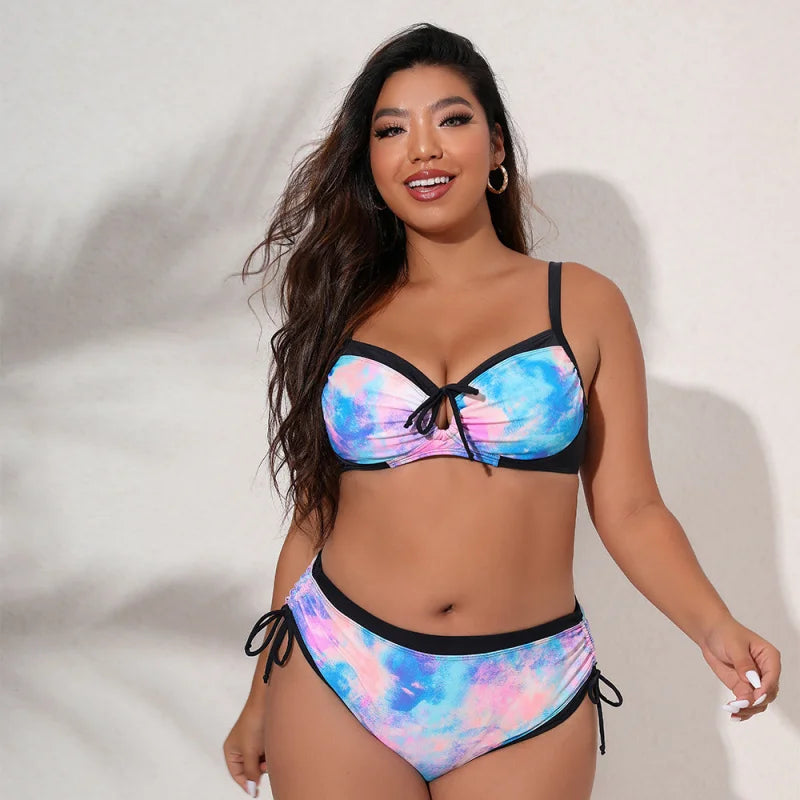 Trendy Bikini Three-Color Print Tie Adjustable Plus Size Two-Piece Swimsuit