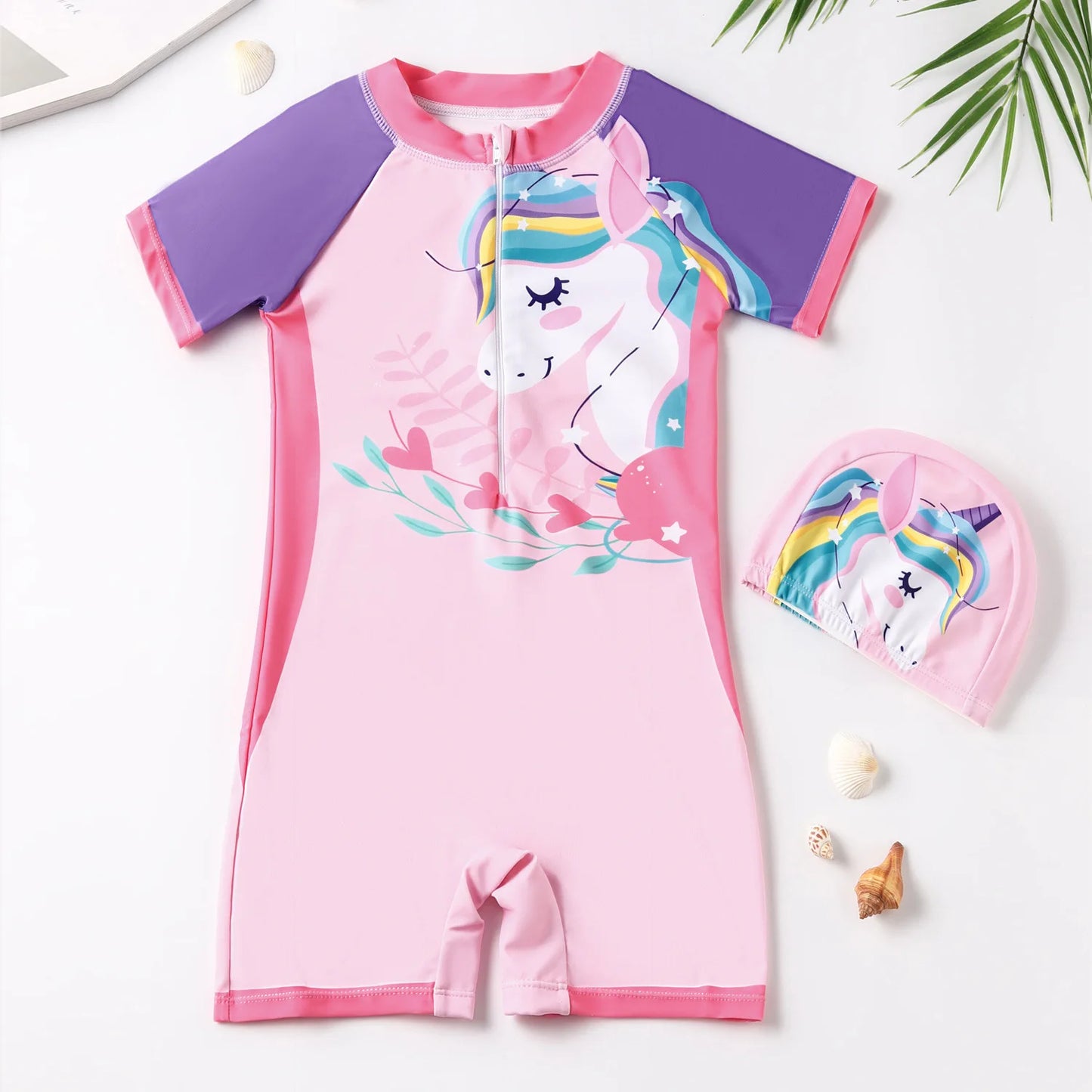UV Baby Girl Swimsuit One Piece Swimming Jumpsuit Unicorn Bathing Suit SPF 50 Short Sleeve Kids Swimwear for Girls 2-12 Years