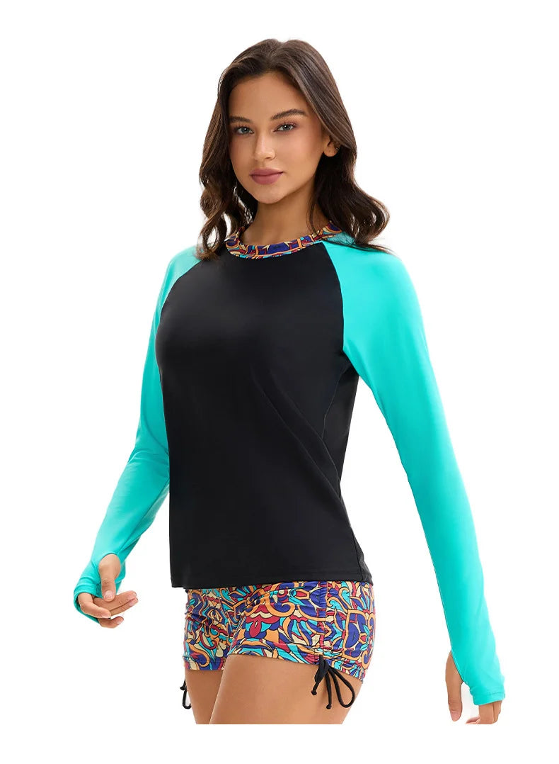 Women's 2-Piece Swim Set  Rash Guard - Color Block Long Sleeve & Printed Boy Shorts