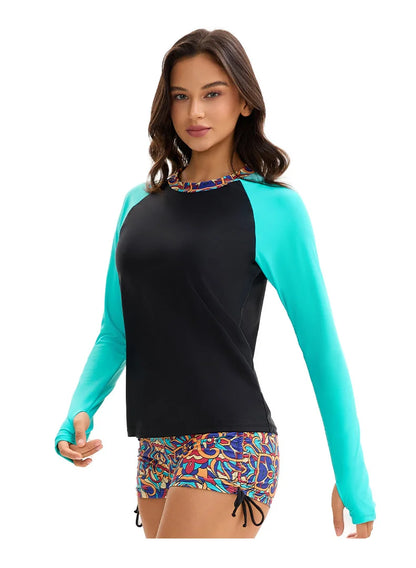 Women's 2-Piece Swim Set  Rash Guard - Color Block Long Sleeve & Printed Boy Shorts