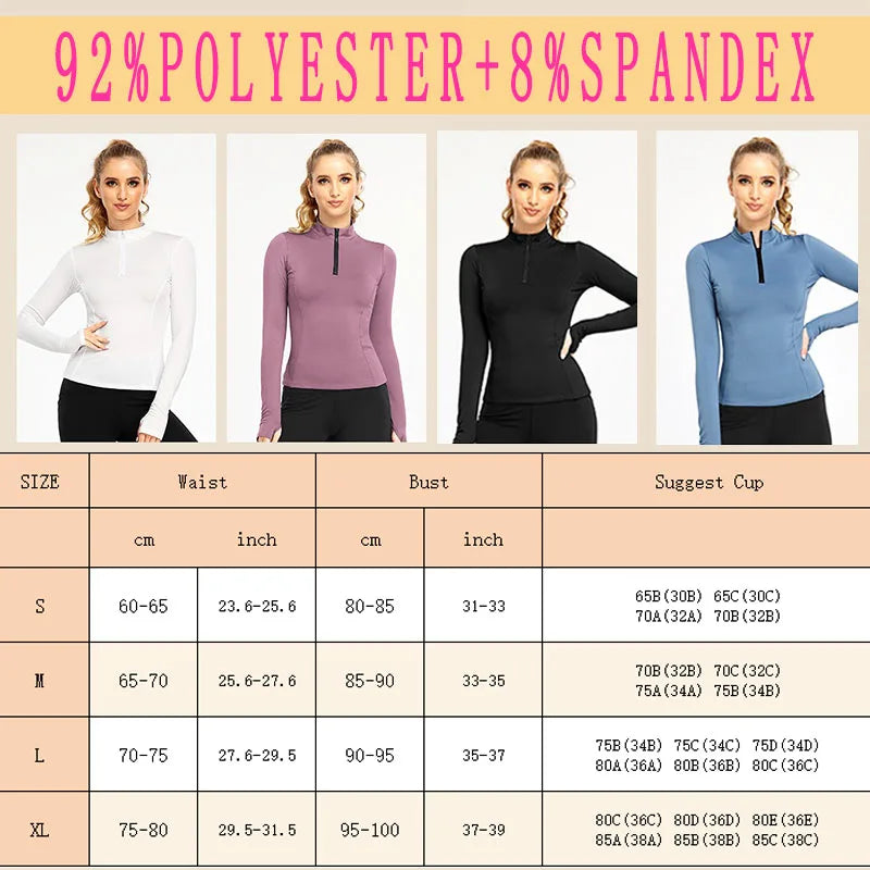 Zipper Thumb Hole Slim Fit Quick Dry Base Long Sleeve Yoga Women Jacket Elastic Top Yoga Fitness Exercise Sportwear