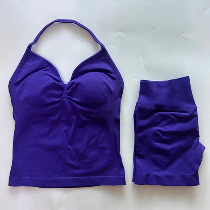 2Pcs Gym Set Women Backless Tank Tops High Waist Scrunch Seamless Shorts Gym Suit Fitness Clothes Activewear Workout Set
