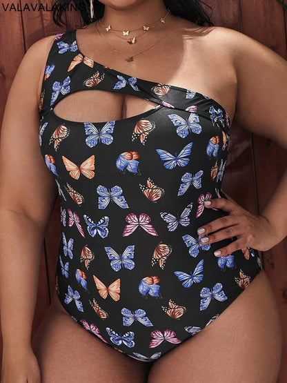 Butterfly Print One-shoulder Plus Size Swimwear Women Hollow Large One Piece Swimsuit Brazilian Curvy Bathing Suit