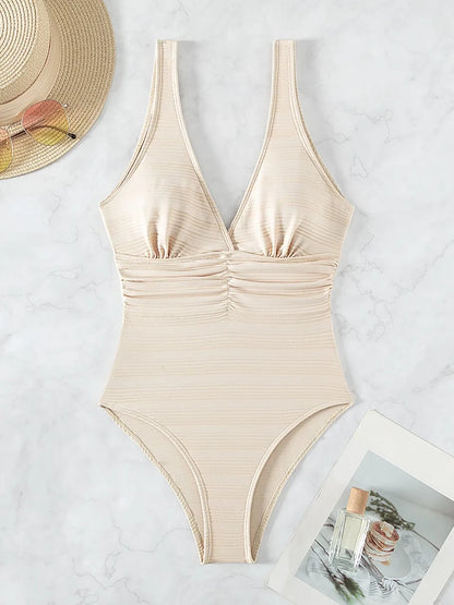 Strappy Fold Swimsuit Women One Piece Plunging Backless Swimwear Female Bathers Bodysuit Bathing Swimming Suit Beachwear