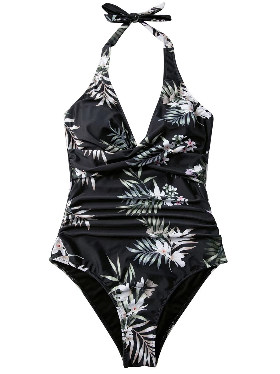 Halter Swimsuit Women One Piece Printed Cross Smocked Swimwear Female Bodysuit Bathing Swimming Suit Padded Beachwear