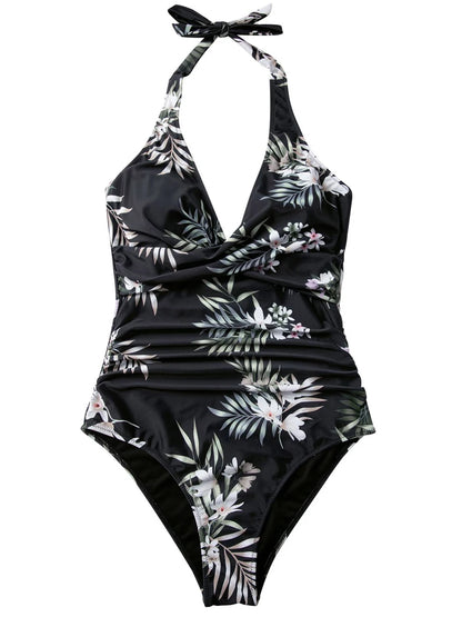 Halter Swimsuit Women One Piece Printed Cross Smocked Swimwear Female Bodysuit Bathing Swimming Suit Padded Beachwear