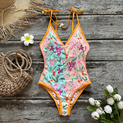 Double -sided wear One Piece Swimsuit Shoulder Strappy Swimsuit Floral Print Swimwear Women Backless Bathing Suit