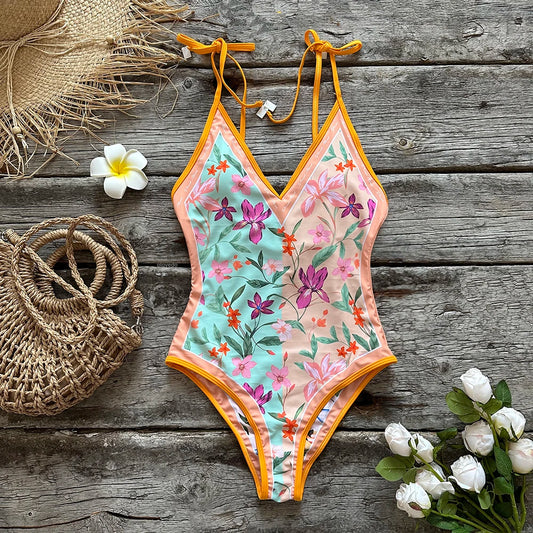 Double -sided wear One Piece Swimsuit Shoulder Strappy Swimsuit Floral Print Swimwear Women Backless Bathing Suit