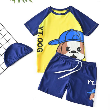 Children's Swimming Suit Teenage Boys' Swimsuits with Cap Cartoon Dog Sun Protection Short Sleeved Sports Swimwear Kids