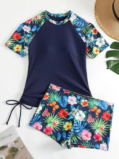 Tropical Plant Print Drawstring 2 Piece Set Rush Guard Tankini Short Sleeve Crew Neck Stretchy Sun Protection Patchwork Swimsuit