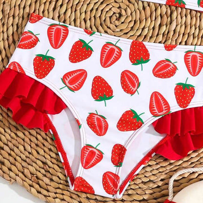 Ruffle Baby Girls Bikini Swimsuit Cute Princess Strawberry Print Beachwear Adjustable Children Bathing Suit