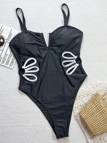 Solid Hollow Swimwear Women V Neck Strapped One Piece Swimsuit Monokini Brazilian Summer Beach Bathing Suit