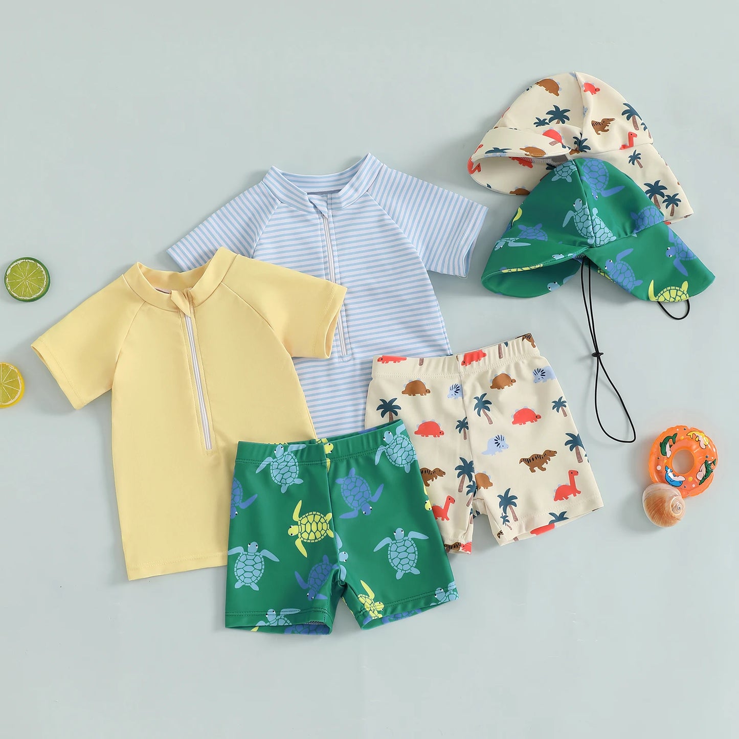 Infant Baby Boys 3 Piece Swimsuit Suit Summer Toddler Rash Guard Short Sleeve Tops Turtle Print Swim Trunks Cap Kid Bathing Suit