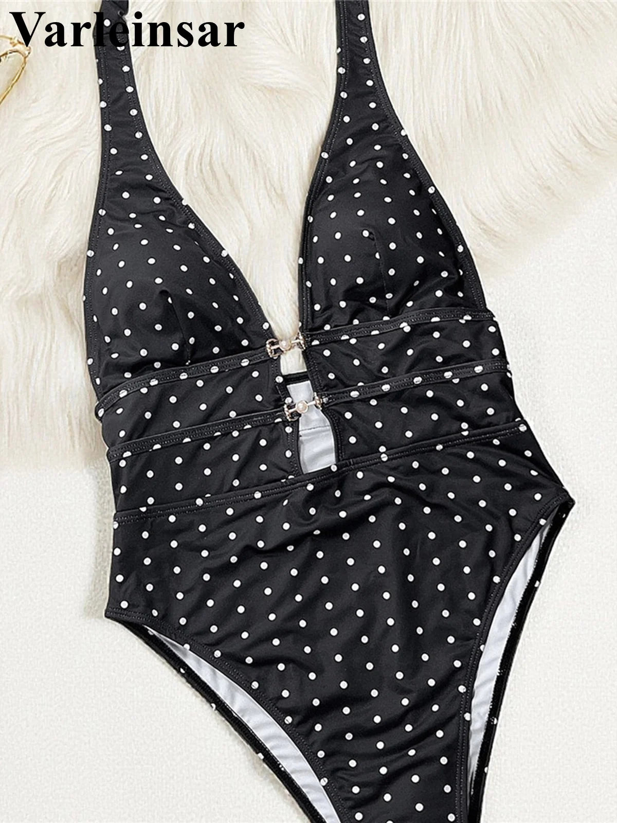 Polka Dots Halter Deep V Neck One Piece Swimsuit Women Swimwear Female Backless Monokini Padded Bather Bathing Suit Swim