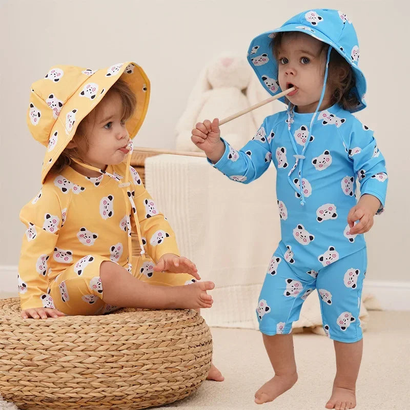 Baby Swimsuit One-Piece Bathing Suit Boy with Sun Cap UPF50 UV Protection Long Sleeve Dinosaur Children's Swimwear for Toddler