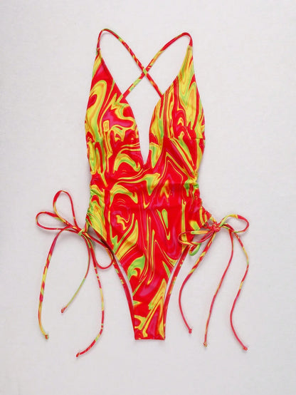 Coulered Mix Backless One Piece Bikini Swimsuit Gather Up, Cover Up, Show Thin One Piece Swimsuit