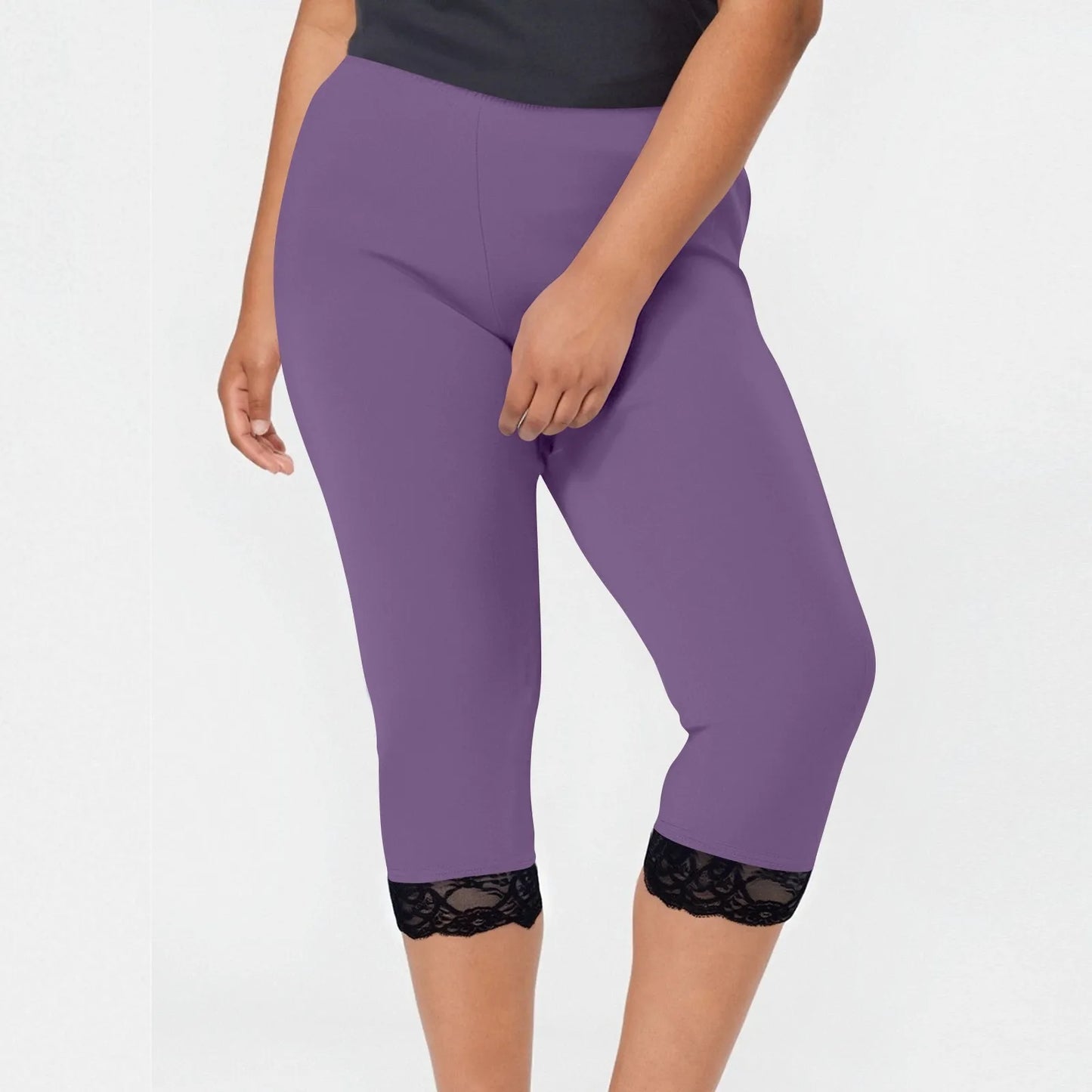 Plus size yoga pants women's fashion large solid color lace splicing bottom pants with elastic waist sports cropped pants