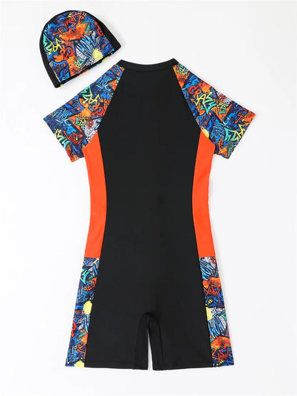 One Piece Boy Kids Swimsuit Solid Print Short Sleeves Children Swimwear Summer Zipper Beach Wear Bathing Suit Swimming