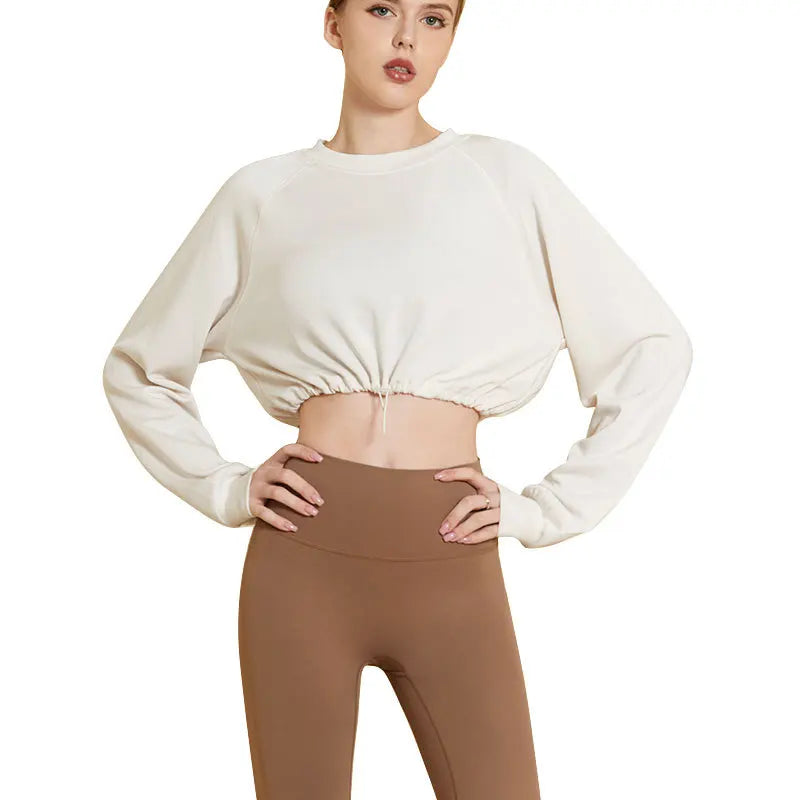 Yoga Gym Top Women Shirts Long Sleeve Crop Top Sportswear Loose Elastic Breathable Adjustable Hem Sports Womens Clothing