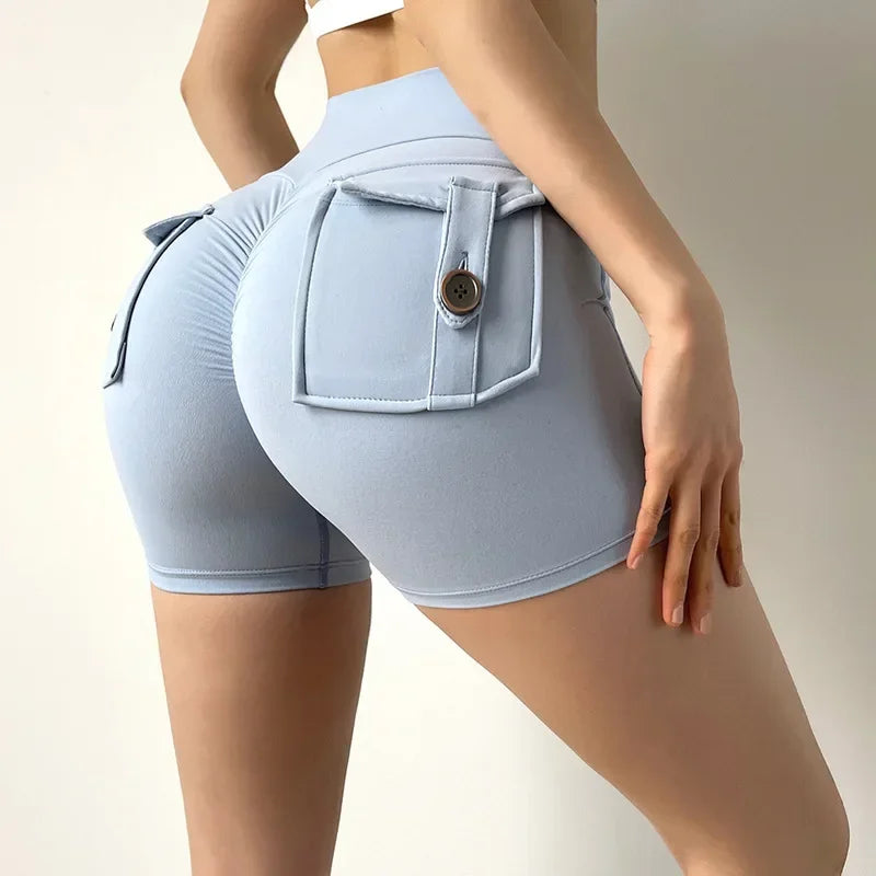 Yoga Shorts for Women Pocket Scrunched Butt Gym Leggings High Waist Push Up Tights Sports Shorts Fitness Running Shorts
