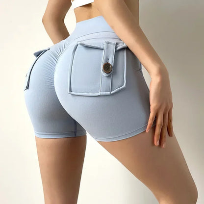 Yoga Shorts for Women Pocket Scrunched Butt Gym Leggings High Waist Push Up Tights Sports Shorts Fitness Running Shorts