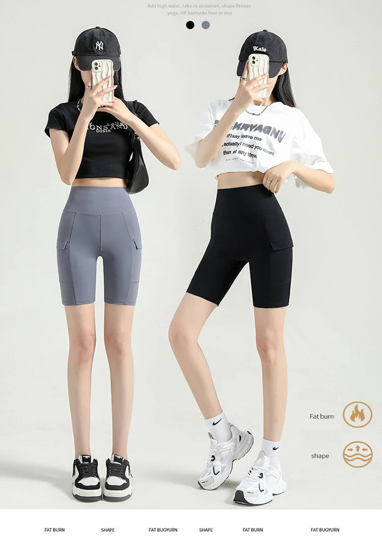 BIVIGAOS Summer New Cargo Pocket Shark Shorts Women's Sport Fitness Cycling Shorts High Waist Running Tight Biker Short Leggings