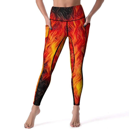 Red Fire Yoga Pants Pockets Abstract Print Leggings Push Up Kawaii Yoga Sports Tights Quick-Dry Workout Gym Leggins