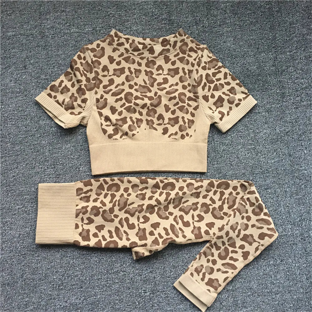 Women Fashion Leopard Printed 2 PCS Yoga Set Gym Shockproof Sports Bras Sport Leggings Running Work Out Training Suit