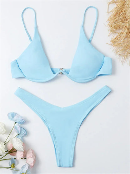 Bikini Women Solid Red Push Up Bra Thong Swimsuit Haler V Neck Bathing Suit Mini Micro Thong Swimwear