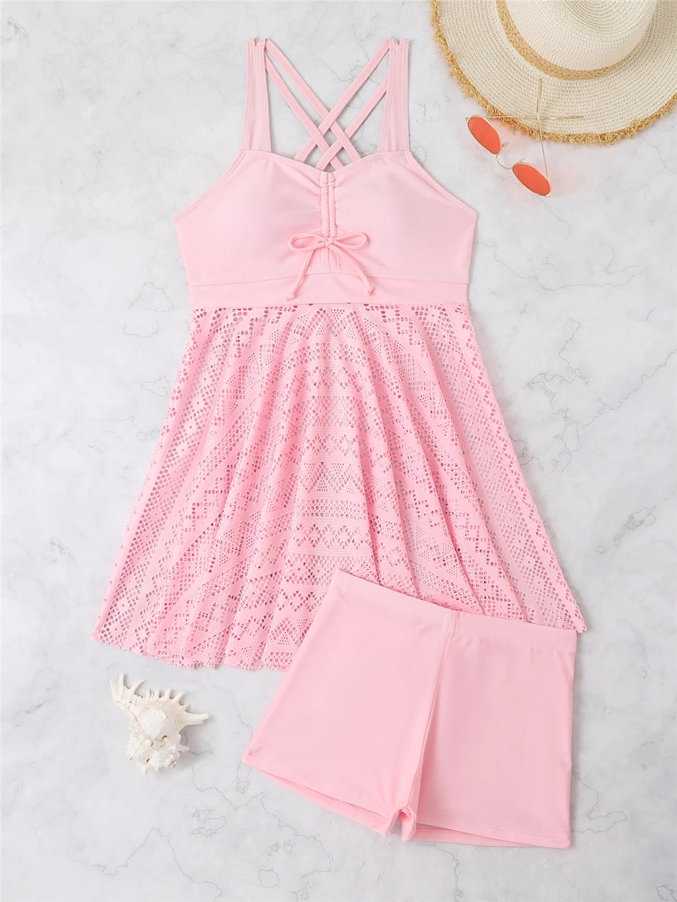2 Pieces Front Drawstring Swimwear Women Hollow Out Swimsuit Beach Skirt Solid Tankini Female Bathers Swimming Beach Wear