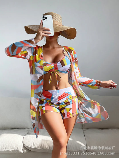Summer Print Bikinis Swimwear Female Swimsuit Beachwear Push Up Three-Piece Bikini Set Women Swimming Bathing Suit