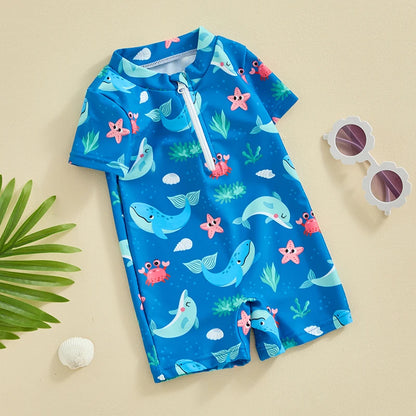 FOCUSNORM 2 Colors Summer Baby Boys Beachwear 0-3Y Short Sleeve Turtle Dolphin Print Swimsuit Jumpsuit Summer Swimwear