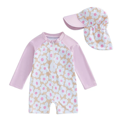Toddler Girl Long Sleeve Swimsuit Floral Flamingo Print Half Zipper Non-Pilling Rash Guard Swimwear Sunhat Set