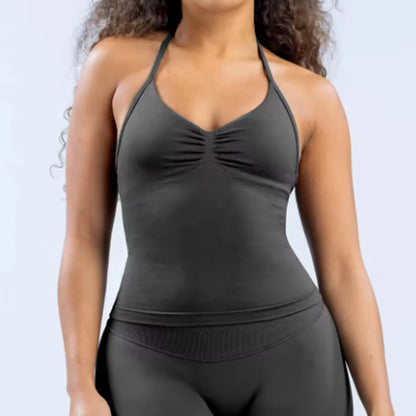 Longline Strappy Top Women Halterneck Yoga Top Shirts Seamless Workout Gym Top Fitness Sweatshirts Gym Clothing