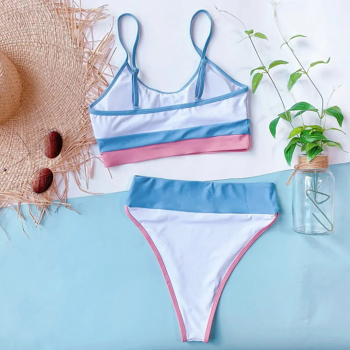 Bikini Women Push Up Swimwear Swimsuit Tricolor Patchwork High Waist Beach Bikinis Set Bathing Suit Bikini