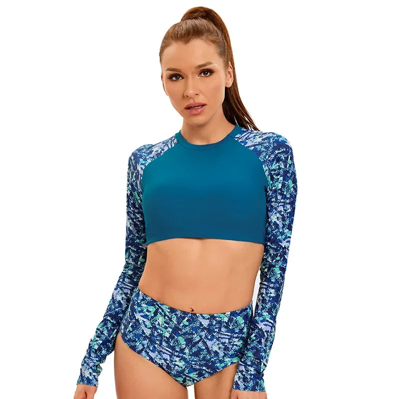 Long Sleeve Print Swimsuit Women 2-Piece High Waist Surfing Suit Bikini Round Neck Bathing Suit Summer Beach Swimwear