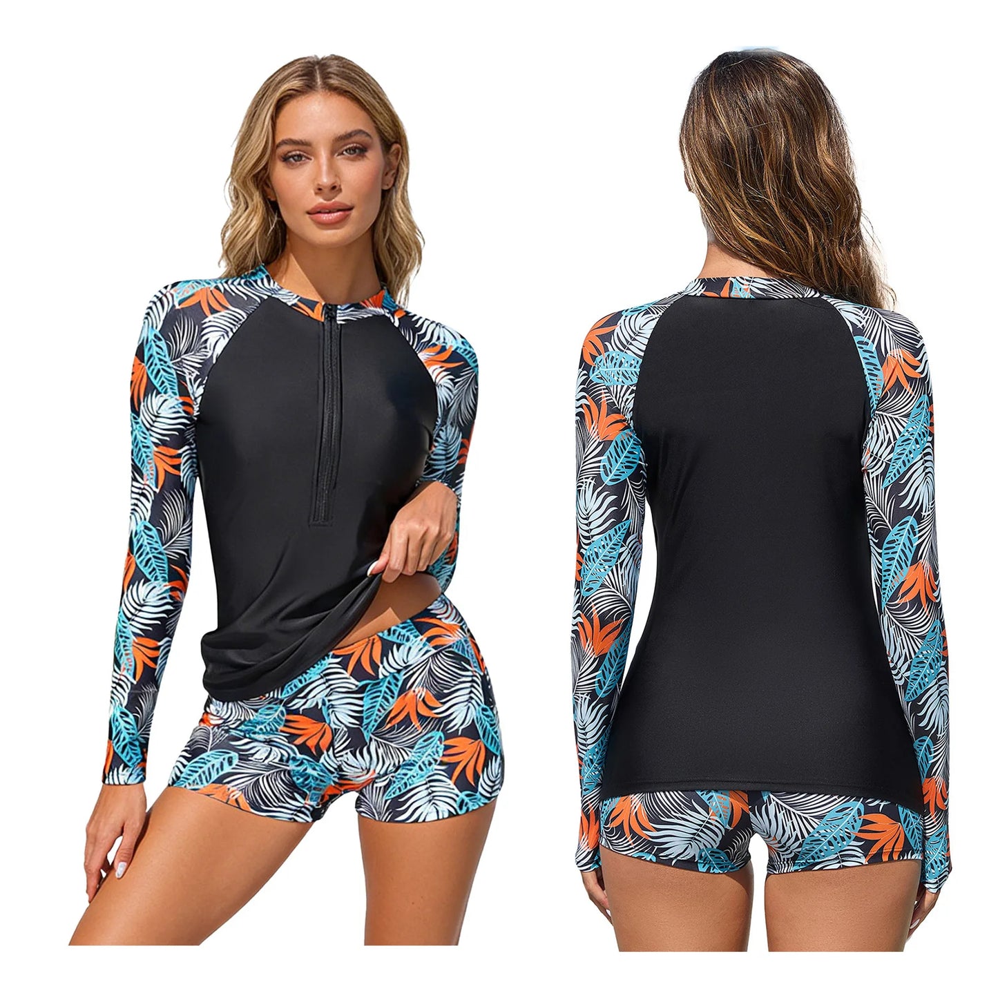 Women's Rash Guard Swimsuit Two Pieces Swimwear Floral Print Long Sleeve Half Zipper Top with Short Bathing Suit Swim Outfit