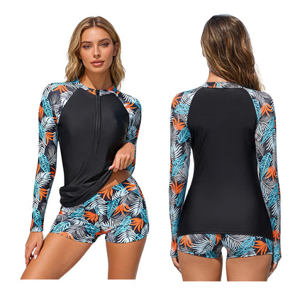 Women's Rash Guard Swimsuit Two Pieces Swimwear Floral Print Long Sleeve Half Zipper Top with Short Bathing Suit Swim Outfit
