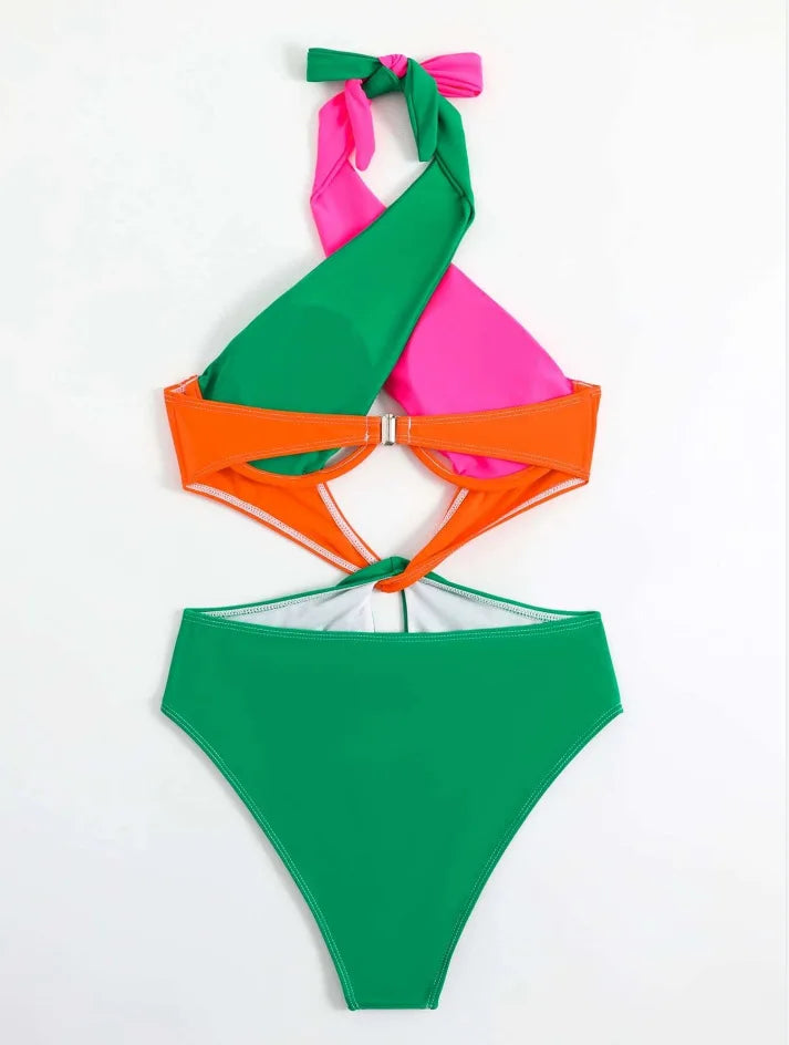 Orange Patchwork One Piece Swimwear Women Halter Cross Underwire Hollow Out Backless Bathing Suit Holiday Swimsuit