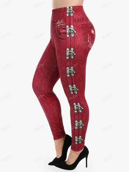 ROSEGAL 5XL Women's Plus Size Leggings Gothic 3D Zipper Buckles Printed Pencil Pants Oversized High Waist Skinny Trousers Mujer