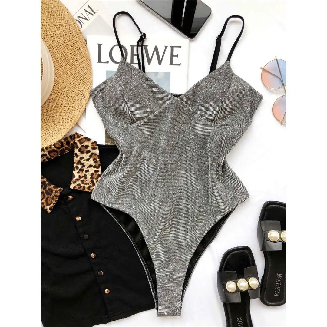 S - XL V Neck High Cut One Piece Swimsuit Women Swimwear Female Bather Shiny Glitter Sparkling Bathing Suit Swim