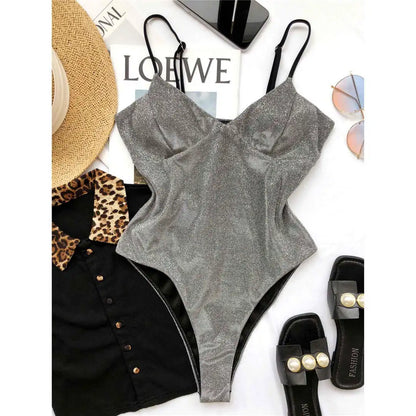 S - XL V Neck High Cut One Piece Swimsuit Women Swimwear Female Bather Shiny Glitter Sparkling Bathing Suit Swim