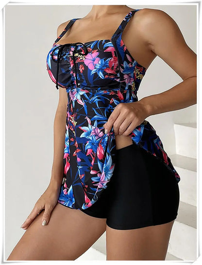 Drawstring Tankini Set Two Piece Swimsuit Short Women Floral Printed Swimwear Female Bathing Suit Beachwear Swimming