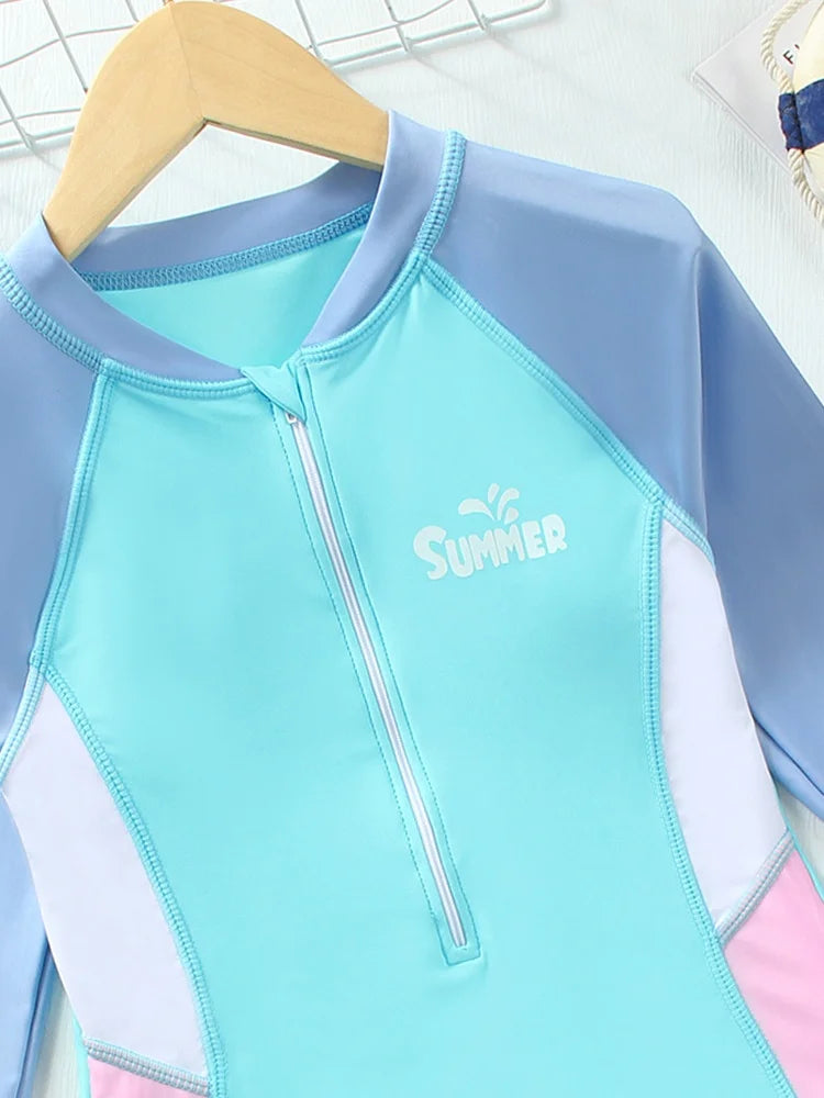 One Piece Kids Girls Swimsuit Solid Long Sleeves Bodysuit Children Swimwear Summer Monokini Beach Bathing Suit Swimming